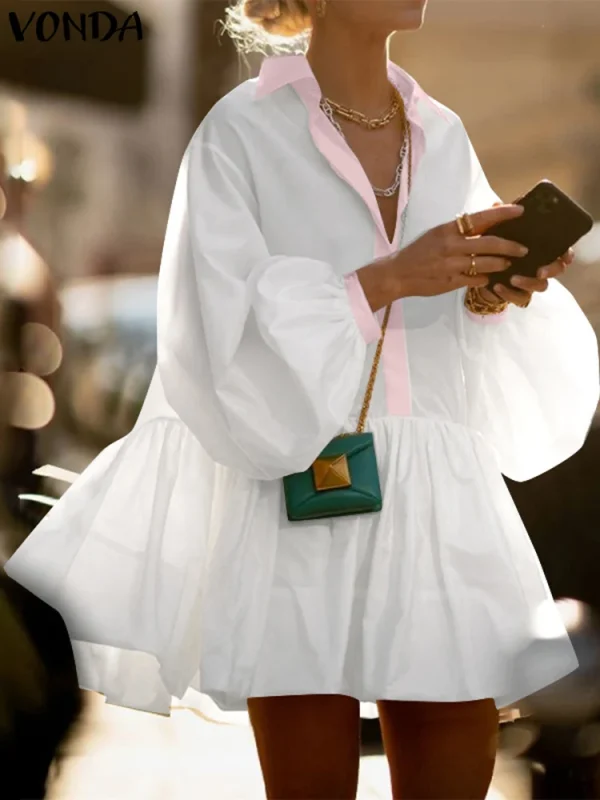Plus Size VONDA Casual Mini Shirt Dress Women Long Sleeve Ruffled Sundress 2025 Eleagnt A-Line Robe Turn Down Collar Vestidos