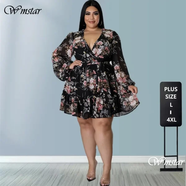 Wmstar Dresses Women Plus Size 5xl Sexy Party Flower Print Mini Dress Loose Elegant Casual Outfits 2025 Wholesale Dropshipping