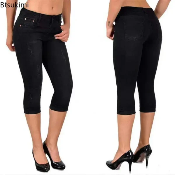 2025 Women's Summer Skinny Denim Pants Jeans Mid Waist Stretch Capri Pants Knee Length Trousers Black Blue Ladies Pencil Pants - Image 2