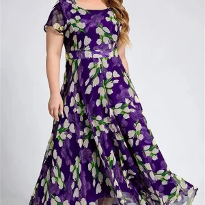 Plus Size Women Floral Printing Dress Short Sleeve Round Neck Chiffon A-line Female Elegant Fashion Summer Dresses 2025