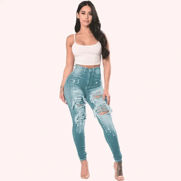 Europe and America Fashion Stretch Washed Ripped Jeans, Women's Spring and Autumn New Slim-fit High-waisted Small Feet Pants - Image 2