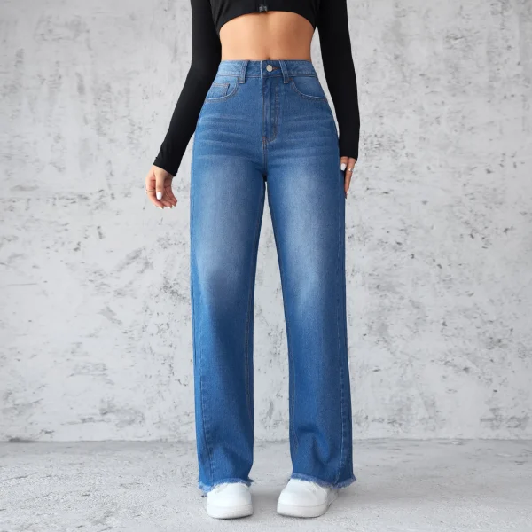 Washed Distressed Denim Straight Pants Vintage Women Jean Pockets High Waist Loose Fit Ankle Length Wide Leg Pants Basics - Image 3