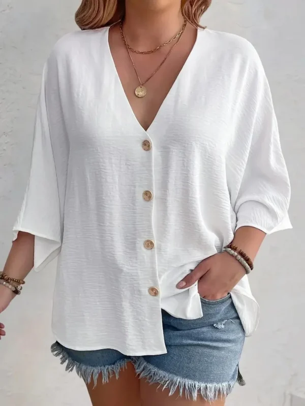 Women's Plus-size T-shirt Solid Color Breathable Spring/summer V-neck Button Travel Casual Wear with European and American Style - Image 3