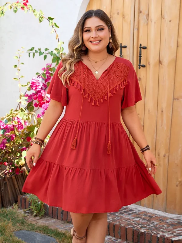 GIBSIE Plus Size Ethnic style Tassel Tie Neck Summer A-Line Dress 2025 New Women Short Sleeve Holiday Boho Ruffled Mini Dresses - Image 3