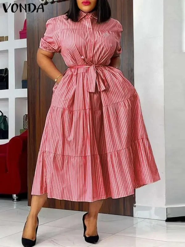 Plus Size 5XL VONDA Women Fashion Shirt Dress 2025 Summer Short Sleeve Casual Midi Sundress Elegant Loose Stripe Vestidos Belted - Image 2