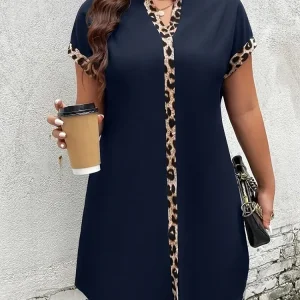 GIBSIE Plus Size Leopard Print Contrast Notch Neck Women Summer Dress 2025 Raglan Sleeve Office Ladies Casual Short Dresses