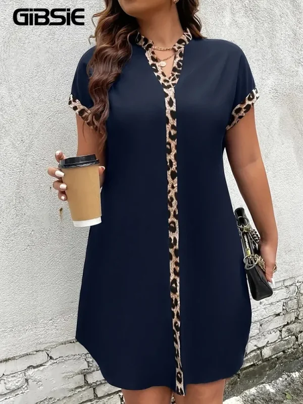 GIBSIE Plus Size Leopard Print Contrast Notch Neck Women Summer Dress 2025 Raglan Sleeve Office Ladies Casual Short Dresses