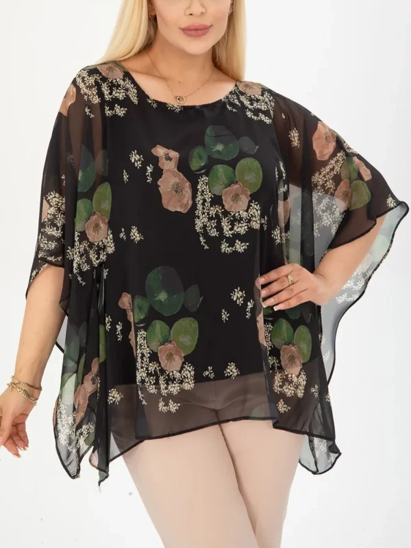 Floral Printed Women Plus Size Tops Irregular Hem Round Neck Vintage Casual See Through Bawing Sleeve Blouse Summer Tops 2025