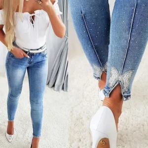 Women's Jeans Fashion Summer 2025 Rhinestone Beads Butterfly Pattern Split Bottom Jeans Tights Casual Versatile Street Clothing
