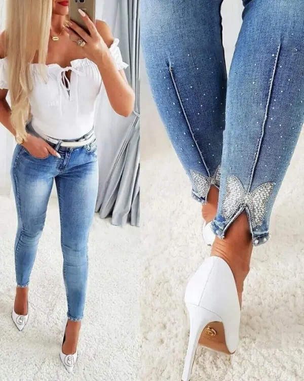 Women's Jeans Fashion Summer 2025 Rhinestone Beads Butterfly Pattern Split Bottom Jeans Tights Casual Versatile Street Clothing