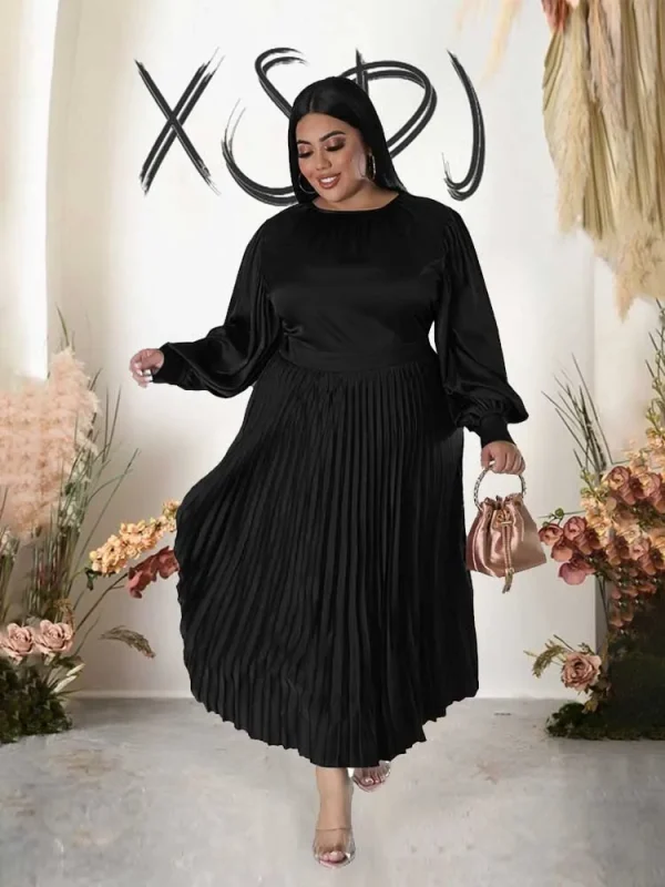 Satin Casual Dress Long Sleeve Autumn Chic and Elegant Pleated Dress Women 3xl 4xl 5xl High Square Neck Dress Plus Size Female - Image 6