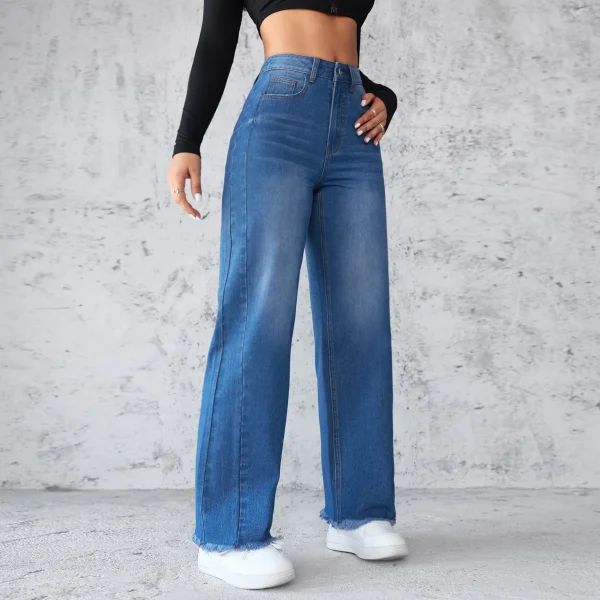 Washed Distressed Denim Straight Pants Vintage Women Jean Pockets High Waist Loose Fit Ankle Length Wide Leg Pants Basics - Image 4