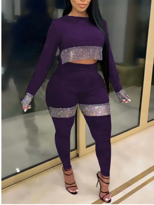 LW Plus Size Two Pieces Set Crop Top See Through Sequined Pants Set Autumn New Fashion Women's Long Sleeve Top Skinny Pants Set - Image 3
