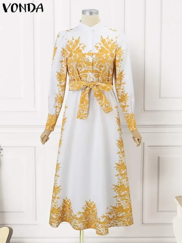 VONDA Plus Size 5XL Bohemian Women Printed Dress 2025 Autumn Long Sleeve Belt Maxi Long Sundress Buttons Vintage Casual Vestidos - Image 4