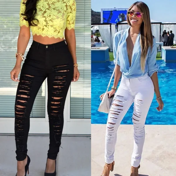 Europe and The United States Personality Big Hole Jeans, Women Spring and Summer Fashion Elastic Small Feet Jeans, Beggar Pants - Image 6