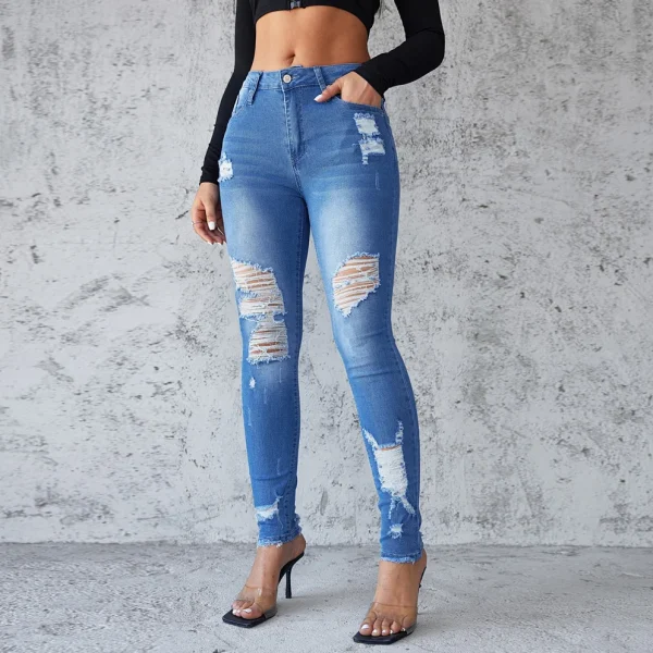 Ankle Length Ripped Hole High Waist Jean Sheath Pencil Denim Pants Skinny Solid Pockets Streetwear Distressed Vintage Slim - Image 2