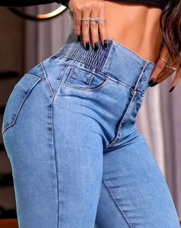 Sexy Elegant New Fashion 2025 Casual Female Trouser Bottom Back Shirred Button Front High Waist Jeans - Image 3