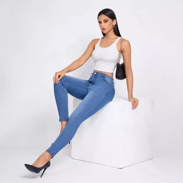 Women Clothing Skinny Solid Ankle Length Jean Washed Zipper Fly Denim Pants High Waist Jeans Spliced Casual Slim Pockets - Image 5
