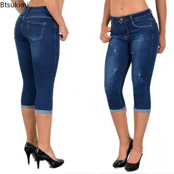 2025 Women's Summer Skinny Denim Pants Jeans Mid Waist Stretch Capri Pants Knee Length Trousers Black Blue Ladies Pencil Pants - Image 5