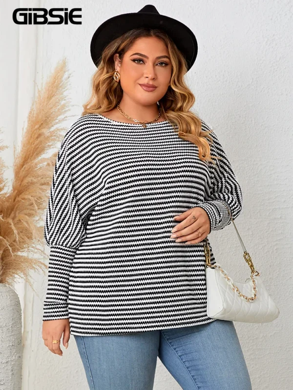 GIBSIE Plus Size Women's Striped Casual T-Shirts 2025 Fall Fashion Full Raglan Sleeve Female Loose O-Neck Tops Tee Woman New - Image 3