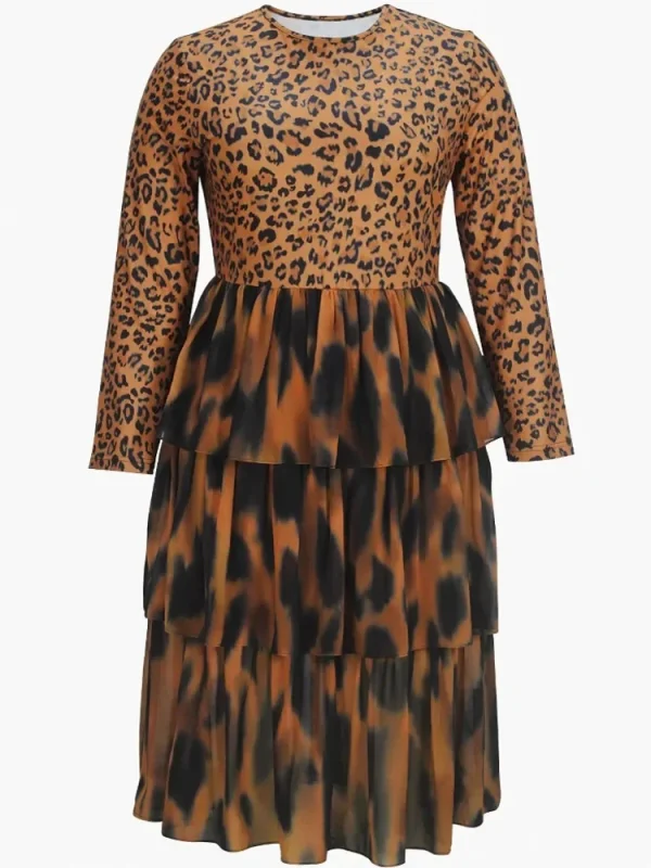 Women Plus Size Dress Leopard Printed Round Neck Mesh Layer Long Sleeve American Retro High Street African Midi Dresses 2025 - Image 3