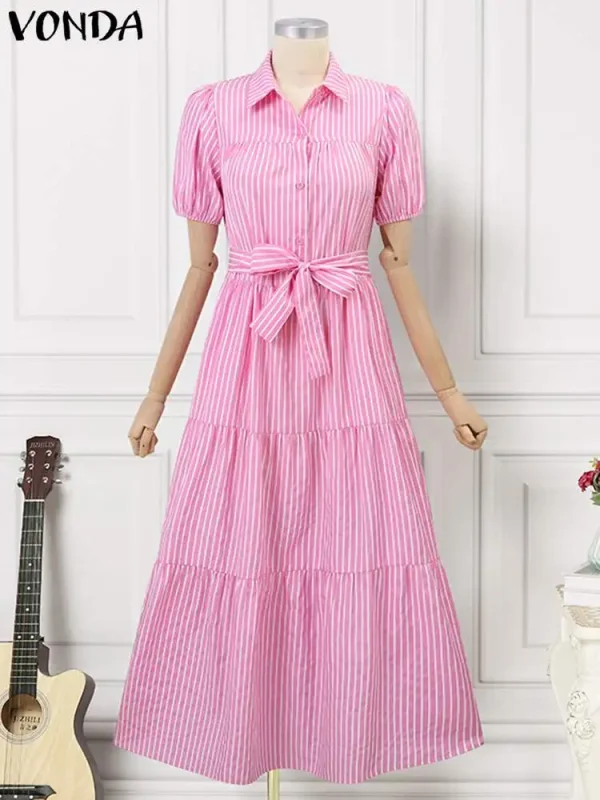 Plus Size 5XL VONDA Women Fashion Shirt Dress 2025 Summer Short Sleeve Casual Midi Sundress Elegant Loose Stripe Vestidos Belted - Image 4