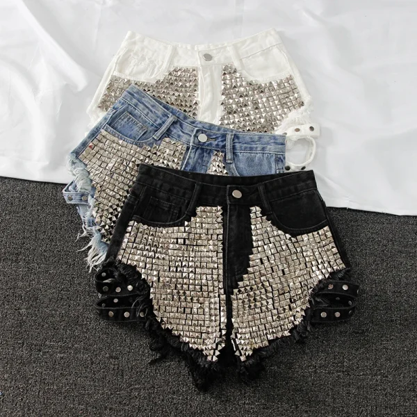 Punk Rivet denim shorts 2025 summer spring women high waist loose tassel jeans shorts black/blue/white hole shorts KZ388