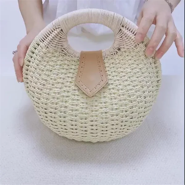 Women's Natural Rattan Handwoven Round Shell Handbag Top-handle Bag Summer Fashion Bohemia Female Casual Tote Clutch Beach Bag - Image 2