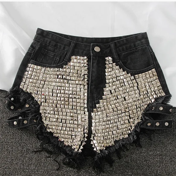 Punk Rivet denim shorts 2025 summer spring women high waist loose tassel jeans shorts black/blue/white hole shorts KZ388 - Image 2