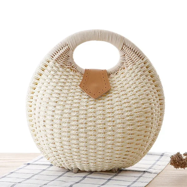 Women's Natural Rattan Handwoven Round Shell Handbag Top-handle Bag Summer Fashion Bohemia Female Casual Tote Clutch Beach Bag - Image 4