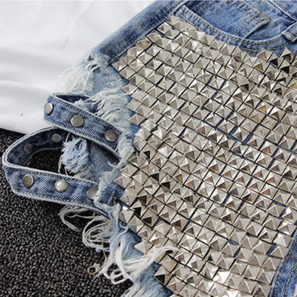 Punk Rivet denim shorts 2025 summer spring women high waist loose tassel jeans shorts black/blue/white hole shorts KZ388 - Image 5