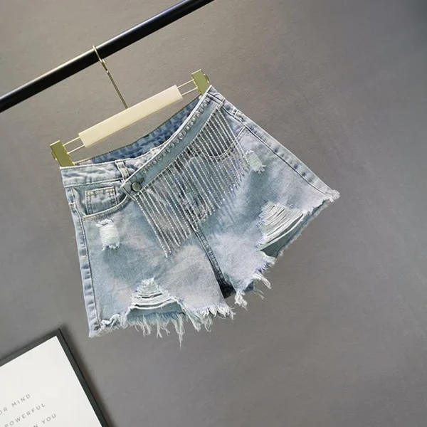 Denim Patchwork Diamond Tassel Shorts For Women High Waist Casual Hole Shorts Female Fashion New Clothing 2025 Tide - Image 2