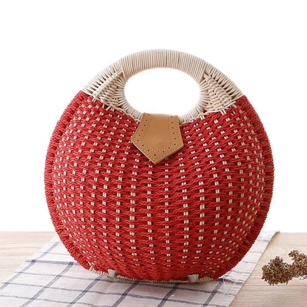 Women's Natural Rattan Handwoven Round Shell Handbag Top-handle Bag Summer Fashion Bohemia Female Casual Tote Clutch Beach Bag - Image 5