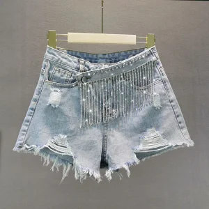 Denim Patchwork Diamond Tassel Shorts For Women High Waist Casual Hole Shorts Female Fashion New Clothing 2025 Tide