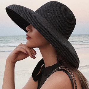 HT2303 2025 New Summer Sun Hats Ladies Solid Plain Elegant Wide Brim Hat Female Round Top Panama Floppy Straw Beach Hat Women