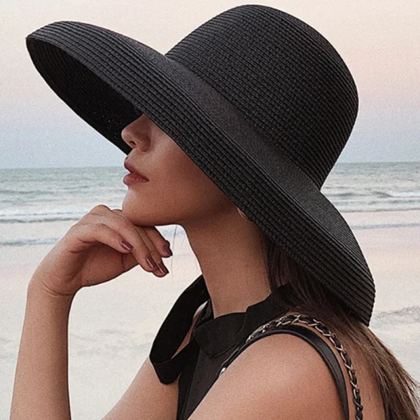 HT2303 2025 New Summer Sun Hats Ladies Solid Plain Elegant Wide Brim Hat Female Round Top Panama Floppy Straw Beach Hat Women