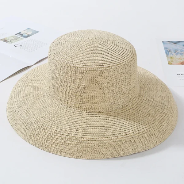 HT2303 2025 New Summer Sun Hats Ladies Solid Plain Elegant Wide Brim Hat Female Round Top Panama Floppy Straw Beach Hat Women - Image 6