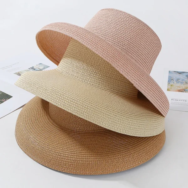 HT2303 2025 New Summer Sun Hats Ladies Solid Plain Elegant Wide Brim Hat Female Round Top Panama Floppy Straw Beach Hat Women - Image 3