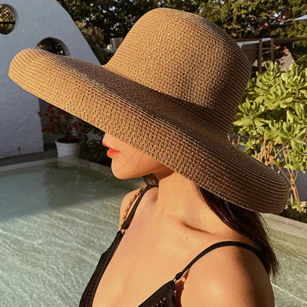 HT2303 2025 New Summer Sun Hats Ladies Solid Plain Elegant Wide Brim Hat Female Round Top Panama Floppy Straw Beach Hat Women - Image 2