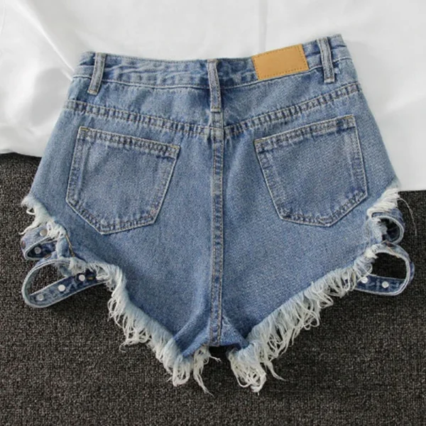 Punk Rivet denim shorts 2025 summer spring women high waist loose tassel jeans shorts black/blue/white hole shorts KZ388 - Image 4