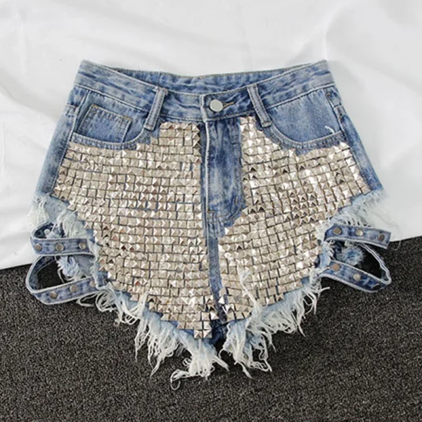 Punk Rivet denim shorts 2025 summer spring women high waist loose tassel jeans shorts black/blue/white hole shorts KZ388 - Image 3