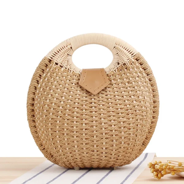 Women's Natural Rattan Handwoven Round Shell Handbag Top-handle Bag Summer Fashion Bohemia Female Casual Tote Clutch Beach Bag - Image 6