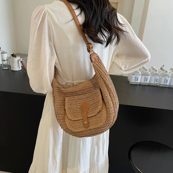Leisure high-capacity seaside beach vacation grass woven bag for women's 2025 new versatile crossbody bag woven shoulder bag - Image 3