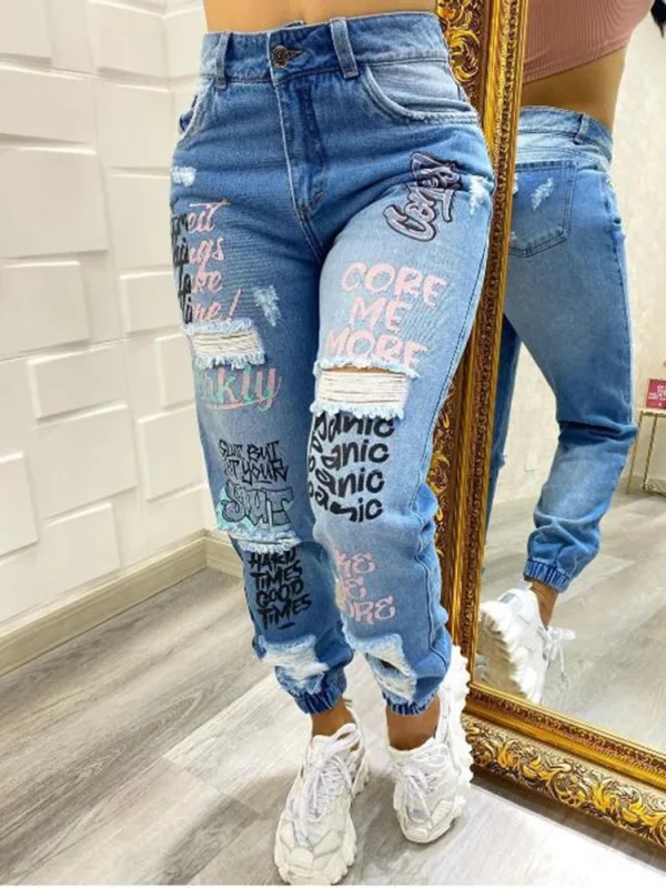 Benuynffy Streetwear Hip Hop Letter Print Ripped Jeans Women Fashion Y2K Harajuku Mid Waisted Casual Pencil Pants Spring New - Image 2