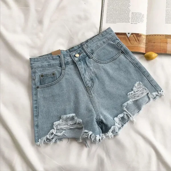 Summer Women Denim Shorts Above Knee Length Short Pants High Waist A-line Ripped Button Zipper Closure Retro Pockets Slim Fit
