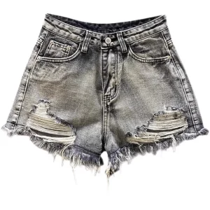 Worn Legs with Rough Edges Washed Black Denim Shorts 2025 Summer New Women Fashion A-line Wide Leg Hole Ripped Denim Shorts