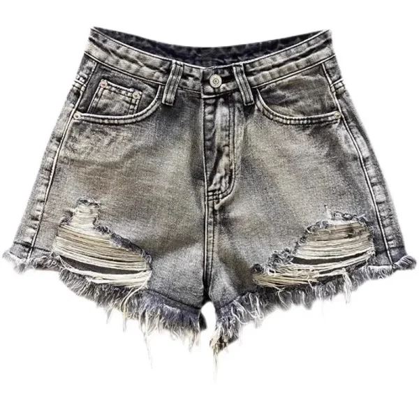 Worn Legs with Rough Edges Washed Black Denim Shorts 2025 Summer New Women Fashion A-line Wide Leg Hole Ripped Denim Shorts