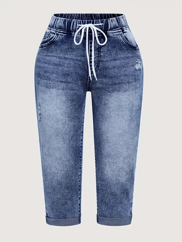 Y2K Style Women's Peacock Blue Stretch Mid-Rise Capri Jeans - Summer Casual Distressed Denim with Drawstring Waist - Image 3