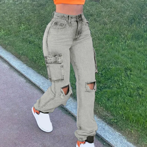 Women'S Jeans New Trendy Fall Wholesale Casual Washed Baggy Pocket Cargo Straight Trousers Jeans Ladies Streetwear Black Denim - Image 3
