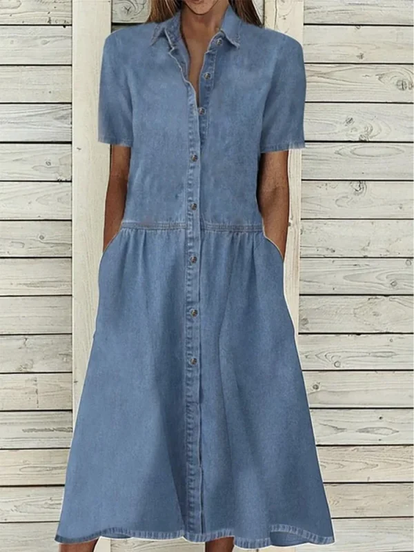 Summer Short Sleeve Shirt Dress Women Button Patchwork Blue Denim Loose Midi Dress Pockets Casual Pocket Long Dresses 2025 - Image 4